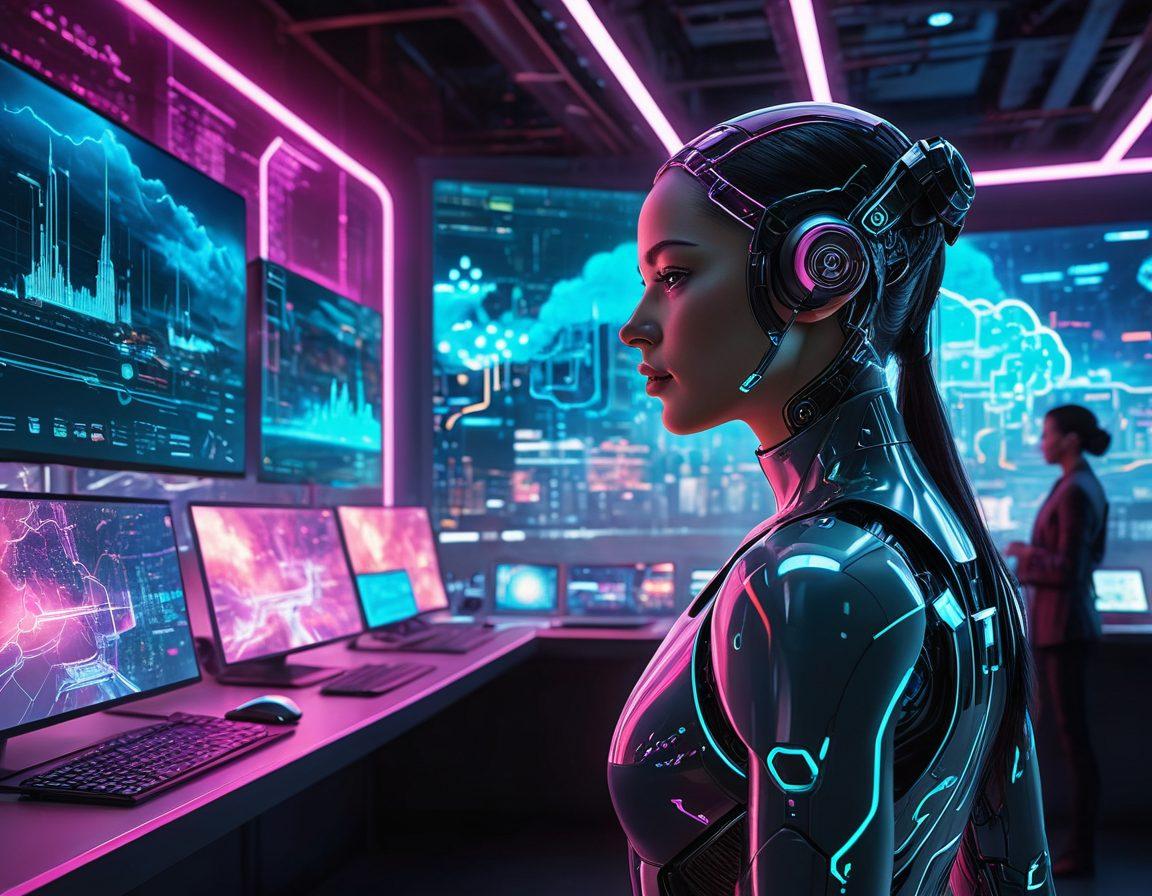 A futuristic landscape showcasing advanced technology integration, where diverse individuals collaborate seamlessly through holograms and digital interfaces. Visual elements like AI robots, cloud networks, and virtual dashboards enhancing efficiency and connectivity. The setting conveys a sense of teamwork and innovation, with bright neon colors highlighting the cutting-edge environment. cyberpunk style. vibrant colors. dynamic composition.