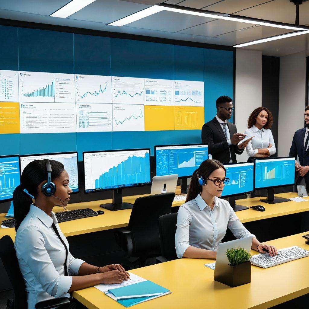 A modern, futuristic helpdesk scene showcasing a diverse team of IT professionals solving problems efficiently. Display a computer screen filled with ticket resolutions and a graph showing rising satisfaction metrics. Add elements of teamwork, like collaboration with sticky notes and digital tools around them. Incorporate bright, energizing colors to reflect triumph and productivity. super-realistic. vibrant colors. 3D.