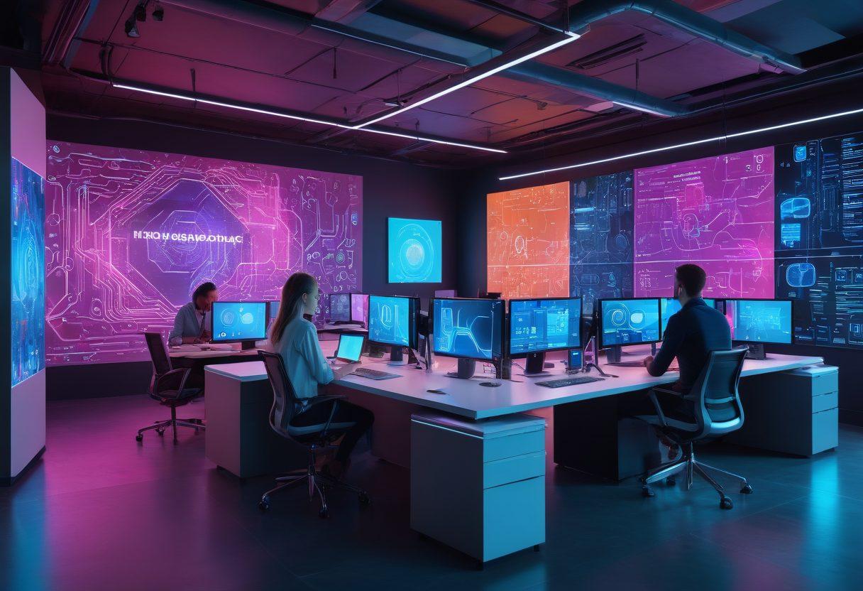 A dynamic scene depicting a futuristic IT support office, featuring a diverse team of professionals collaborating over holographic displays and digital interfaces, showcasing innovative tech solutions like AI assistants and sleek gadgets. The atmosphere is bright and engaging, filled with vibrant colors that emphasize a sense of efficiency and teamwork. Incorporate elements of technology, such as circuit patterns in the background and productivity tools scattered around, to enhance the narrative. super-realistic. vibrant colors. 3D.